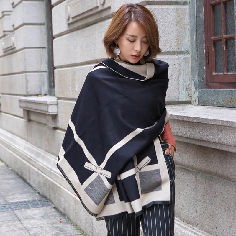 Bow long thermal shawl women's dual-purpose double-sided thickened imitation cashmere student winter versatile scarf