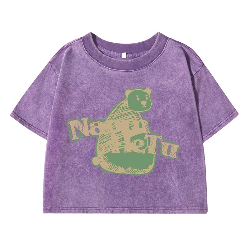 Long Necked Teddy Bearprinting Women Wash Short Tshirt Breathable Midriff-Baring Tee Tops Distress O-Neck Clothes