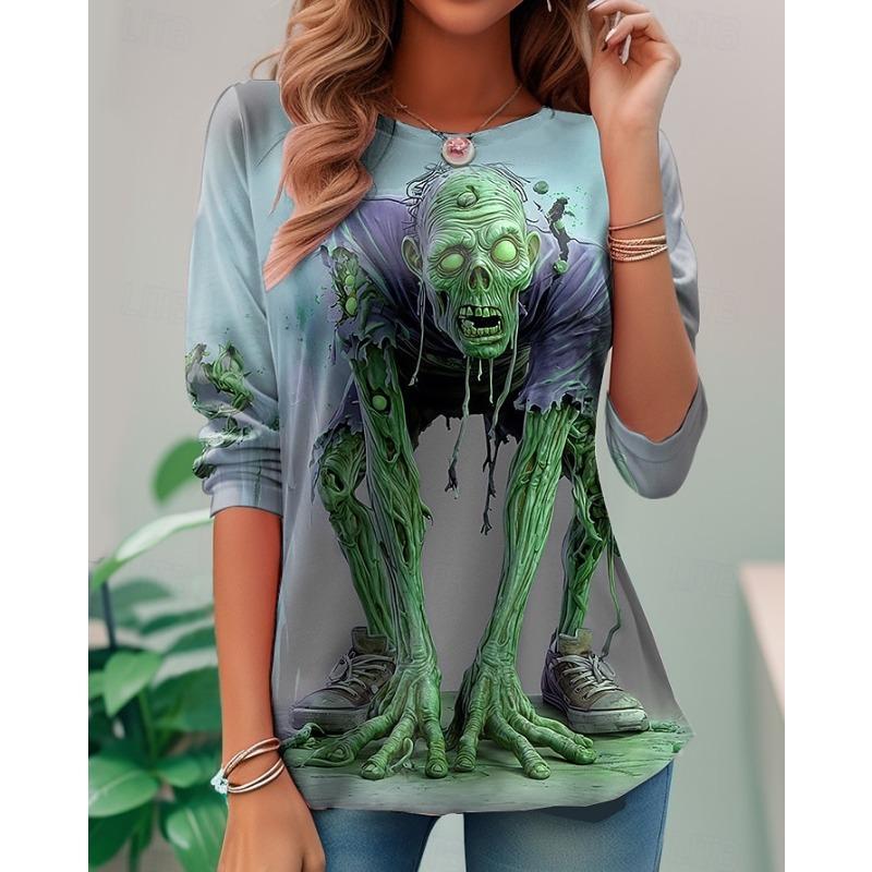 Damen T-Shirt,3D-Druck,O-Ausschnitt,Langarm,Lässig,Leichtes Oberteil,Halloween,Hip Hop,Große Größe,Mode