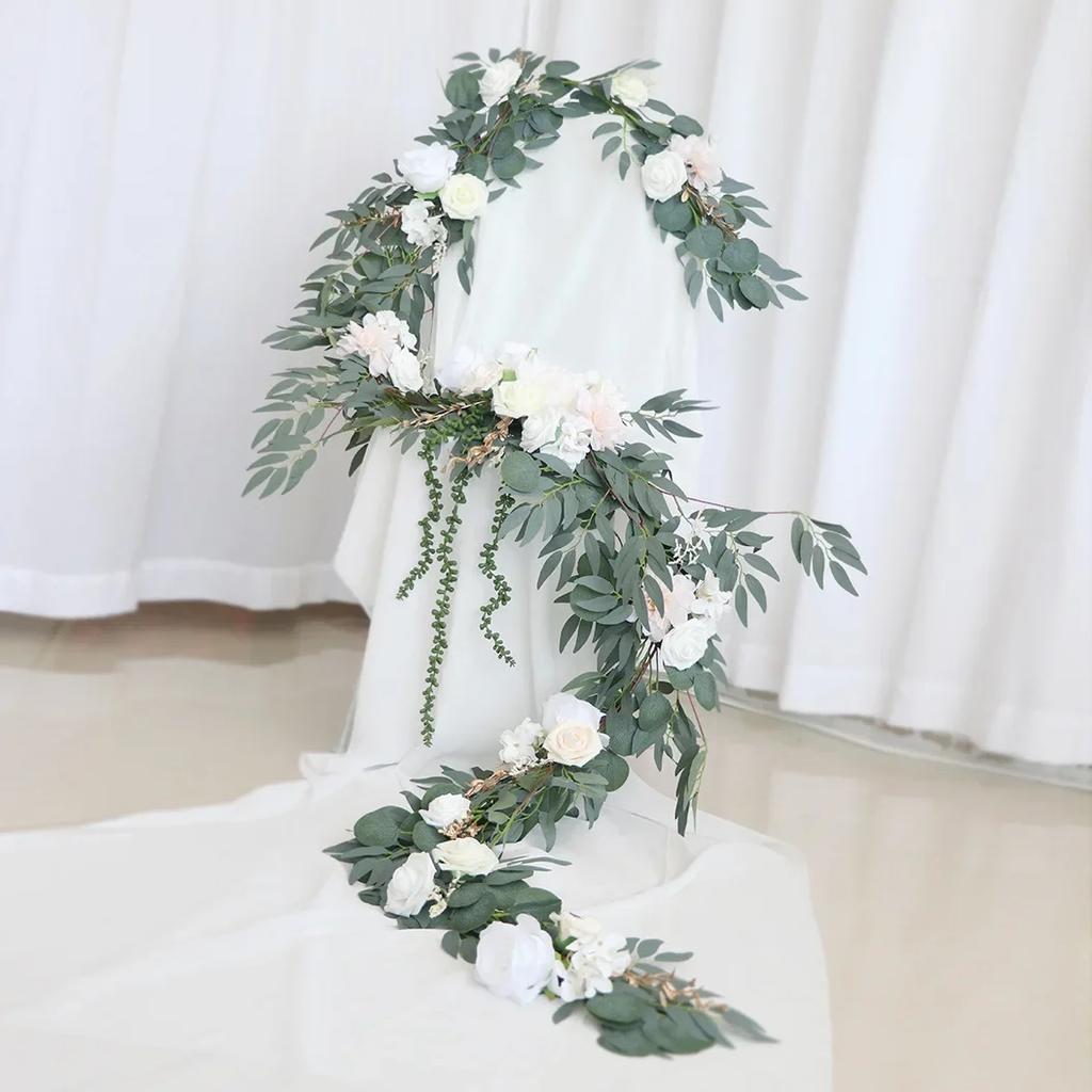 2.7M Artificial Wedding Eucalyptus Garland Runner with Rose Flowers Rustic Floral Table Centerpieces Boho Wed Decoration