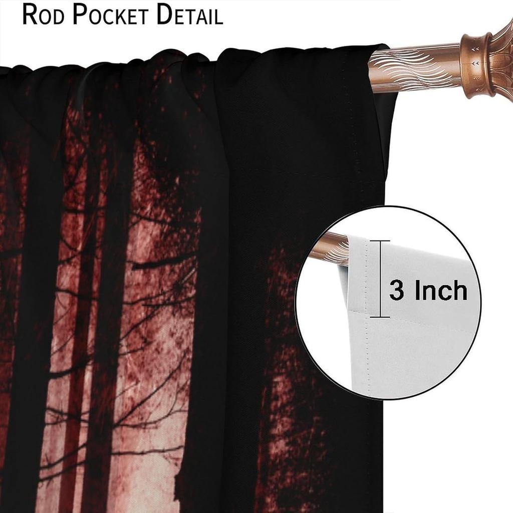 Gothic Dark Red Forest Curtains, Haunted Creepy Landscape Misty Forest Window Treatments Spooky Horror Halloween Forest Window D