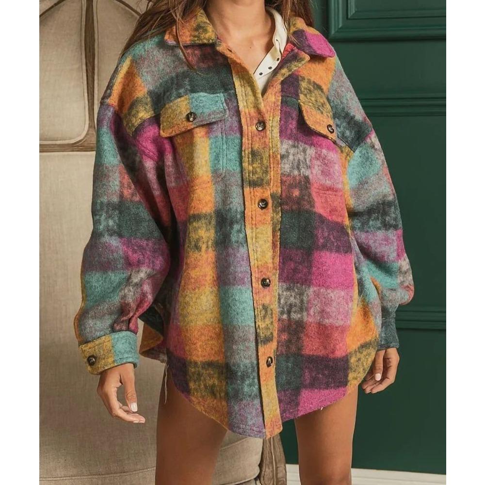 Women's Lapel Long Sleeve Shacket Oversized Fit Streetwear Colorful Plaid Flannel Shirt Jacket