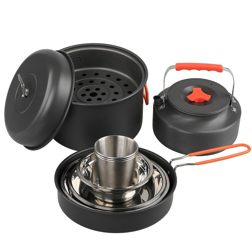 Camping Cookware Mess Kit Aluminum Alloy Pot Pan Steaming Tray Bowl Cup and Water Kettle with Pot Cover