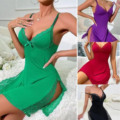 Kadınlar Seksi Gecelik Derin V Boyun Backless Kolsuz Dantel Patchwork Bölünmüş Yay Dekor Düz Renk Yumuşak Diz Boyu Üstü Bayan Pijama Elbise