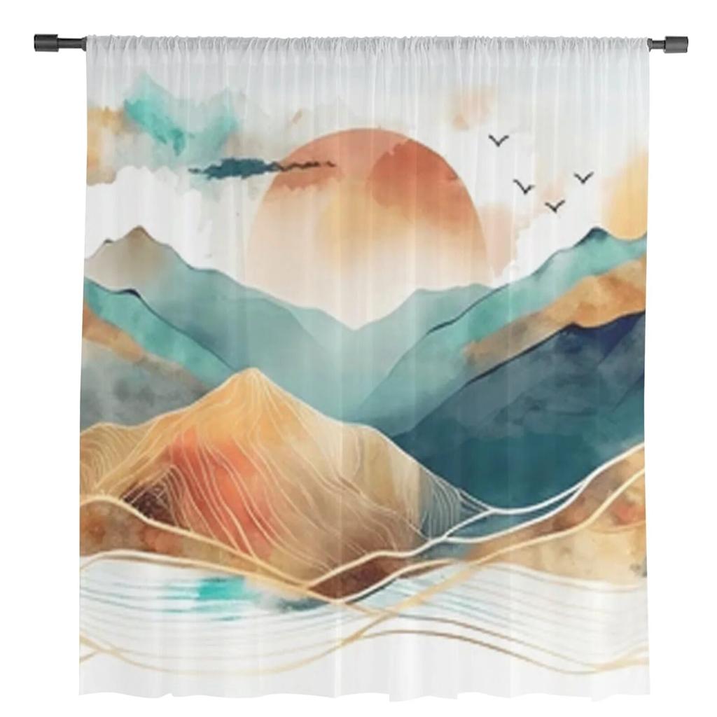 Abstract Mountains Watercolor Sheer Curtains Bedroom Voile Curtain Living Room Window Sheer Curtains Kitchen Tulle Drapes
