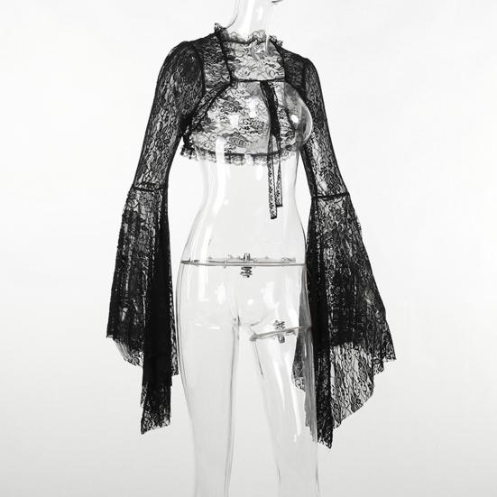 Vintage Gothic Schwarzes Spitzen-T-Shirt, elegantes Smock-Top mit ausgestellten Ärmeln, durchsichtig, sexy, abgeschnittene Tops, Cardigan, Streetwear