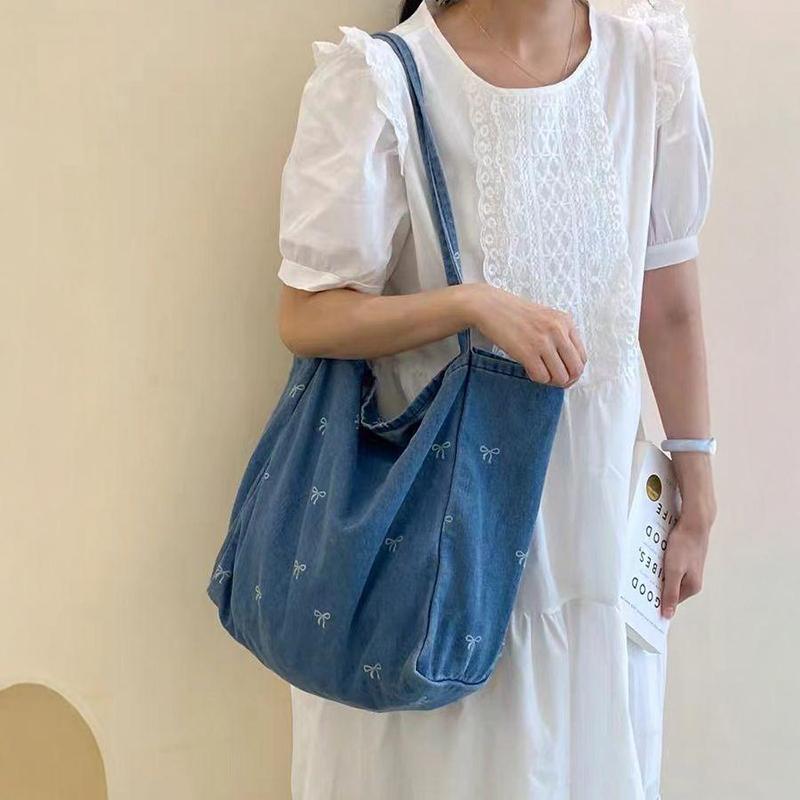 Pure Color Denim Large Capacity Tote Bag Fashion Bow Tie Pattern Shoulder Women's Bag Winter Casual Travel Shopper Handbags ARI