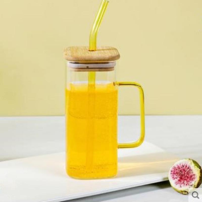 High Value Glass Straw Cup with Cover  Square Color Handle Transparent Glass Milk Tea Flat Bottom Single Layer Cup