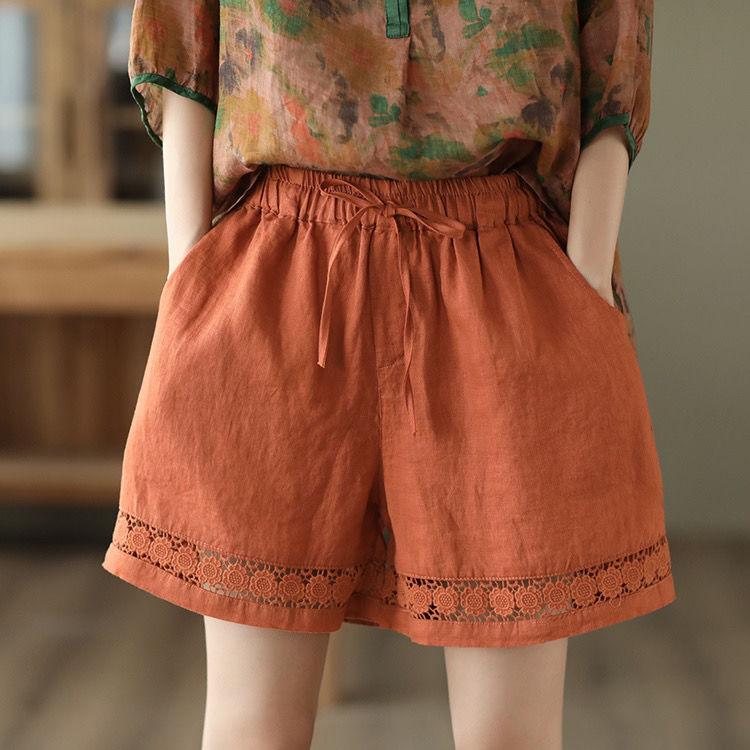 Casual Solid Linen Lace Floral Summer Short Pants Loose Elastic Waist Boho Beach Wear Shorts Women Bottom