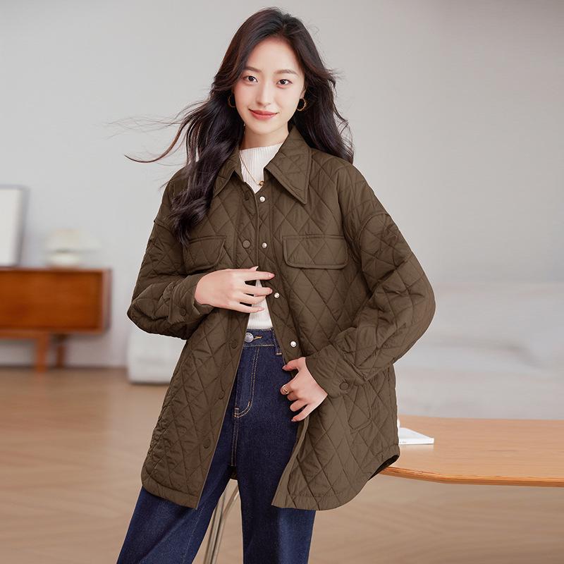 

Женская стеганая куртка средней длины больших размеров, Осень/Зима 2024, Легкое хлопковое пальто с отложным воротником XL (135-150 jin) кофейный