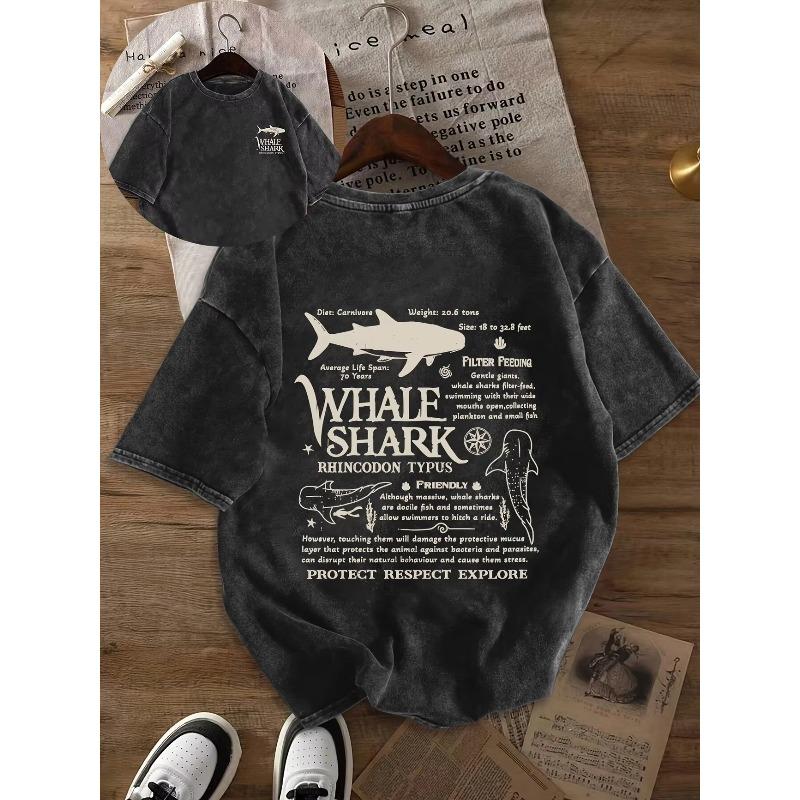 Hip Hop Unisex Washed Cotton Casual Loose Fit Graphic T-Shirt Whale Shark Cartoon Print Summer Short Sleeve