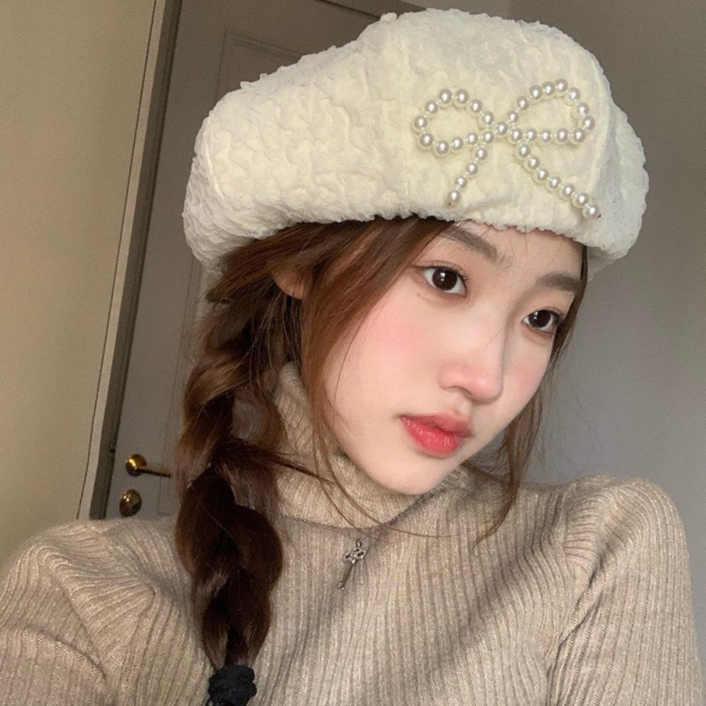 Y2K Lace Berets Cap Street Style Women Artist Hat Casual Pearls Bow Soft Hat  Girls