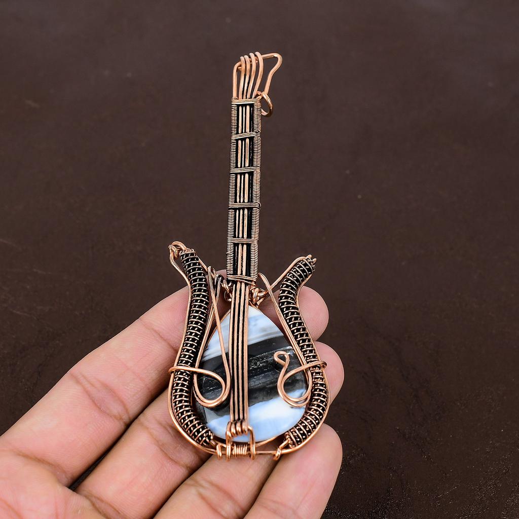Owhyee Blue Opal Handmade Copper Wire Wrap Guitar Pendant 4.53" a9u37