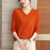 V-Neck Knitted Top Women's 3/4 Sleeve Thin Spring/Summer Orange Shirt Premium Mom Half Sleeve T-shirt