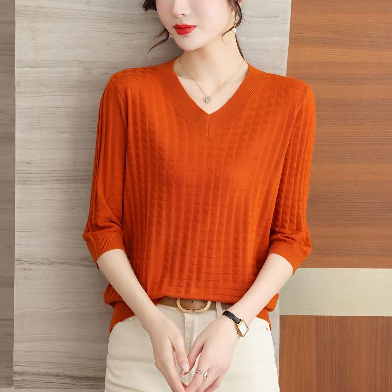 V-Neck Knitted Top Women's 3/4 Sleeve Thin Spring/Summer Orange Shirt Premium Mom Half Sleeve T-shirt