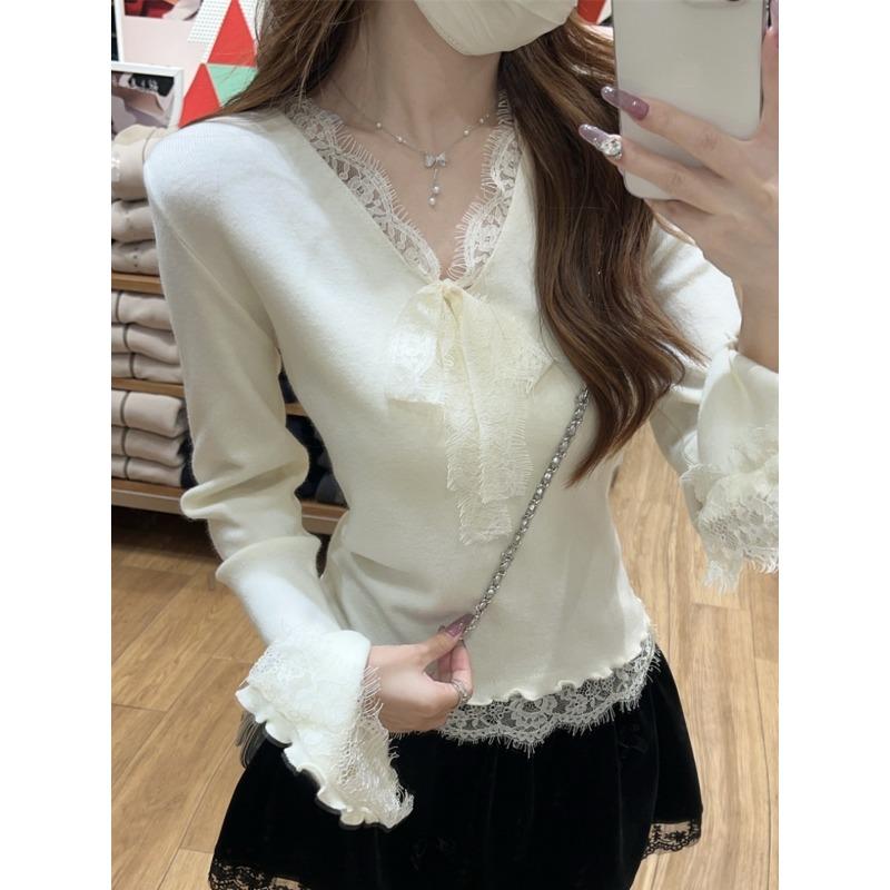 Sweet and spicy neck lace knitted bottoming shirt women's spring slim-fit inner top temperament versatile sweater