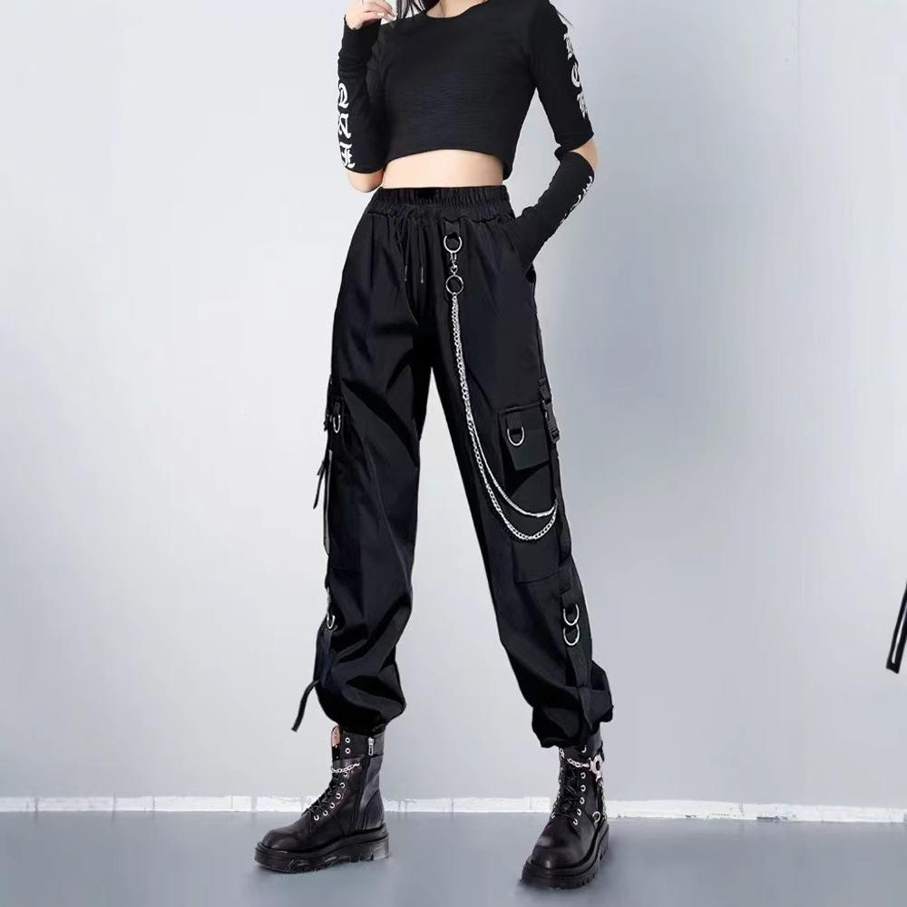 Hiphop Overalls Women's Small Feet Tied Black Chain Hip Hop Students Hip Hop Pants Are Thin High Waist Is Thin