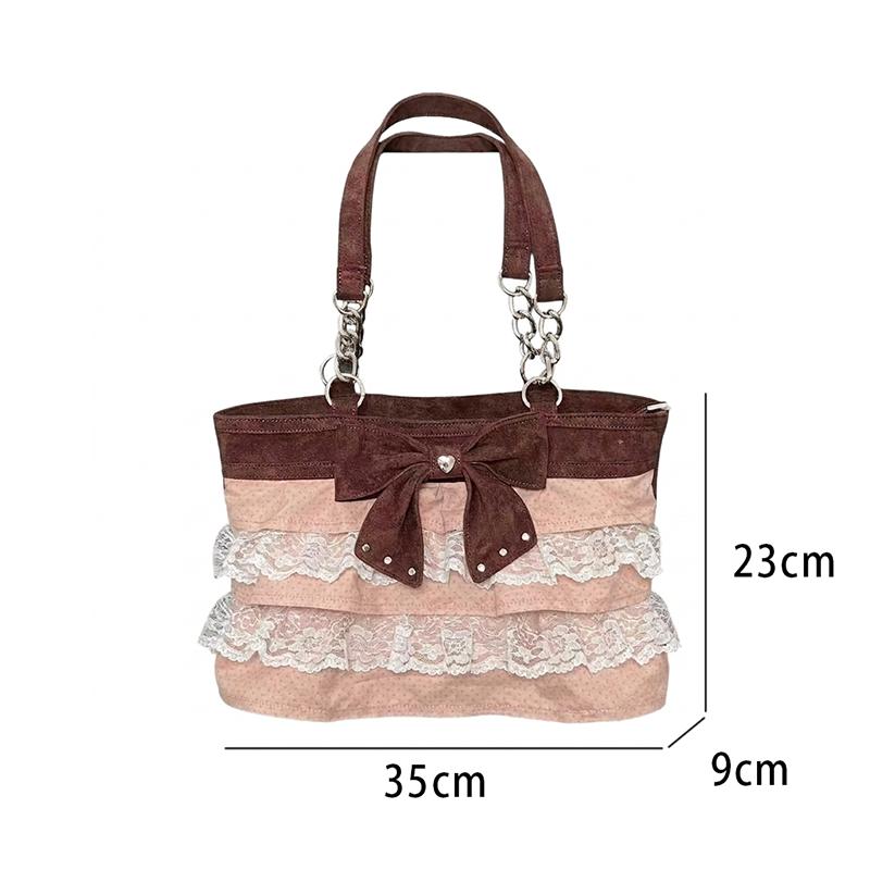 

Korean Retro Cake Layers Shoulder Bag Gentle Bow Lace Trim Color-blocked Handbag Elegant Pleated Skirt Hem Frosted Tote Bags