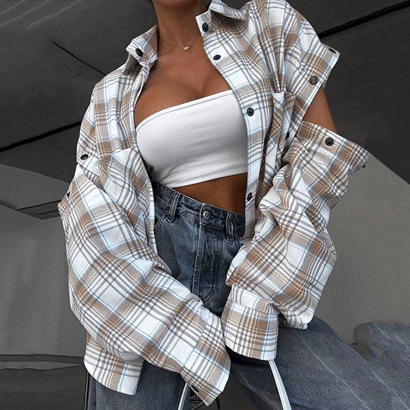 Nowa Modna Koszula w Kratę Damska Jesienna Top z Długim Rękawem Damska Bluzka z Odpinanymi Rękawami Damskie Klasyczne Codzienne Koszule Streetwear
