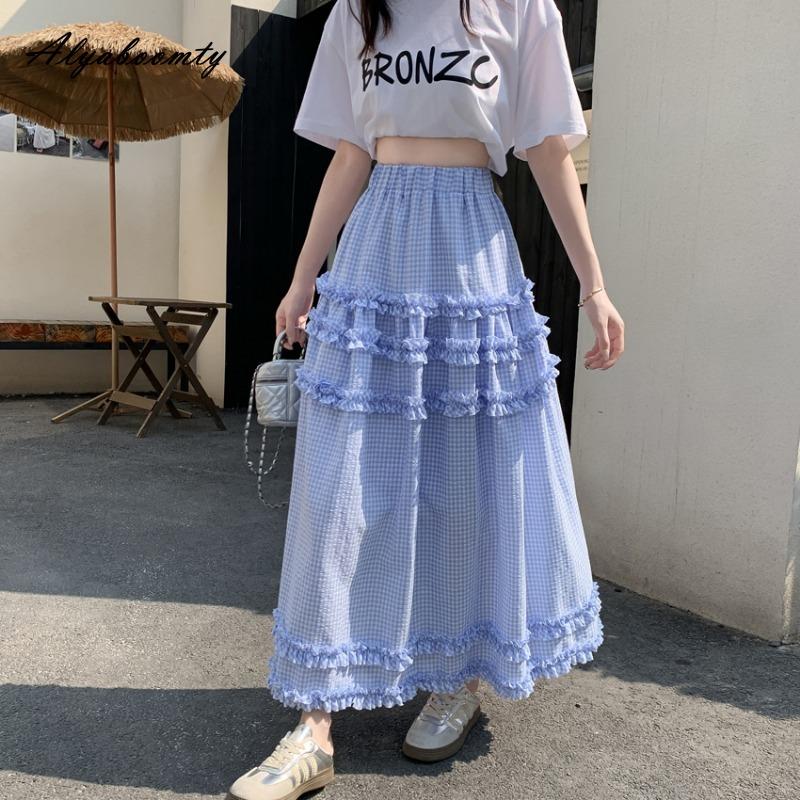 Korean Style Spring Summer Women Midi Skirt Elastic Waist Black Blue Plaid Ruffles Skirt Elegant Feminine Ladies' Basic Skirts Womens