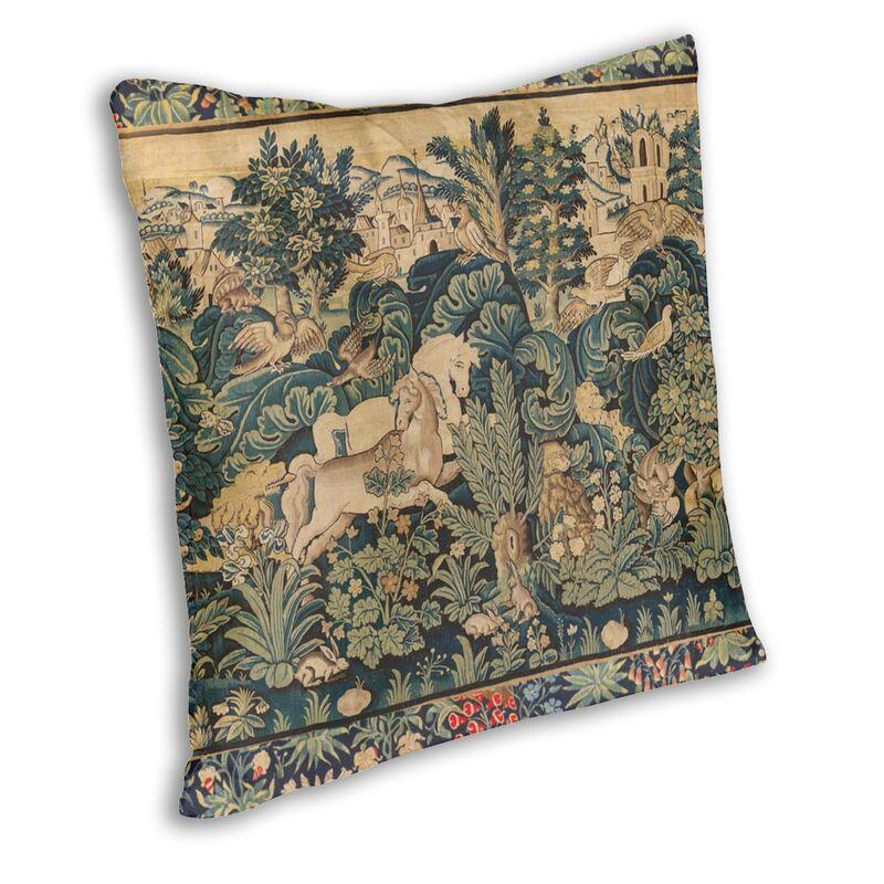 Almofada Decorativa Estampada com Animais e Cavalos em Praça de Bosque Capa de Almofada com Estampa de Tapeçaria Francesa Antiga para Sala de Estar