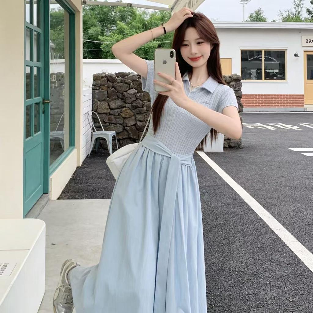 Blue Polo Collar Short-sleeved Dress Children's Summer 2026 New Sweet and Big-looking College Style Waist Pinch Dress