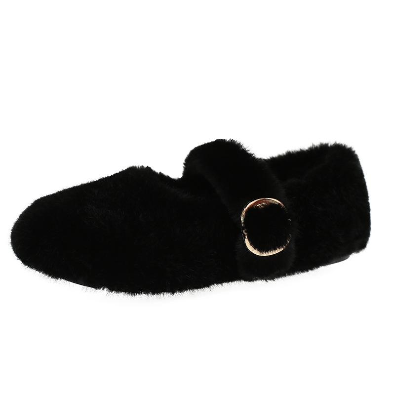 Sweet Fluffy Shoes for Women's Winter New Velvet Beanie Shoes, Shallow Mouth with Flat Bottom Warm Cotton Shoes for Women