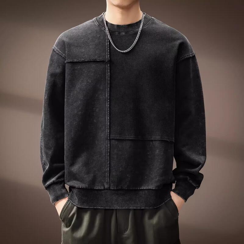Men's American Retro Washed Patchwork Long Sleeve Sweatshirt