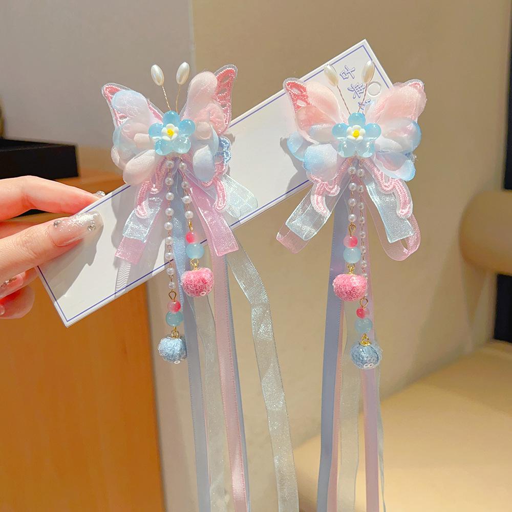 Colorful Bow  Flower Hanfu Hair Clip with Tassel - Fairy Style Princess Headdress for Women  Children синий пары