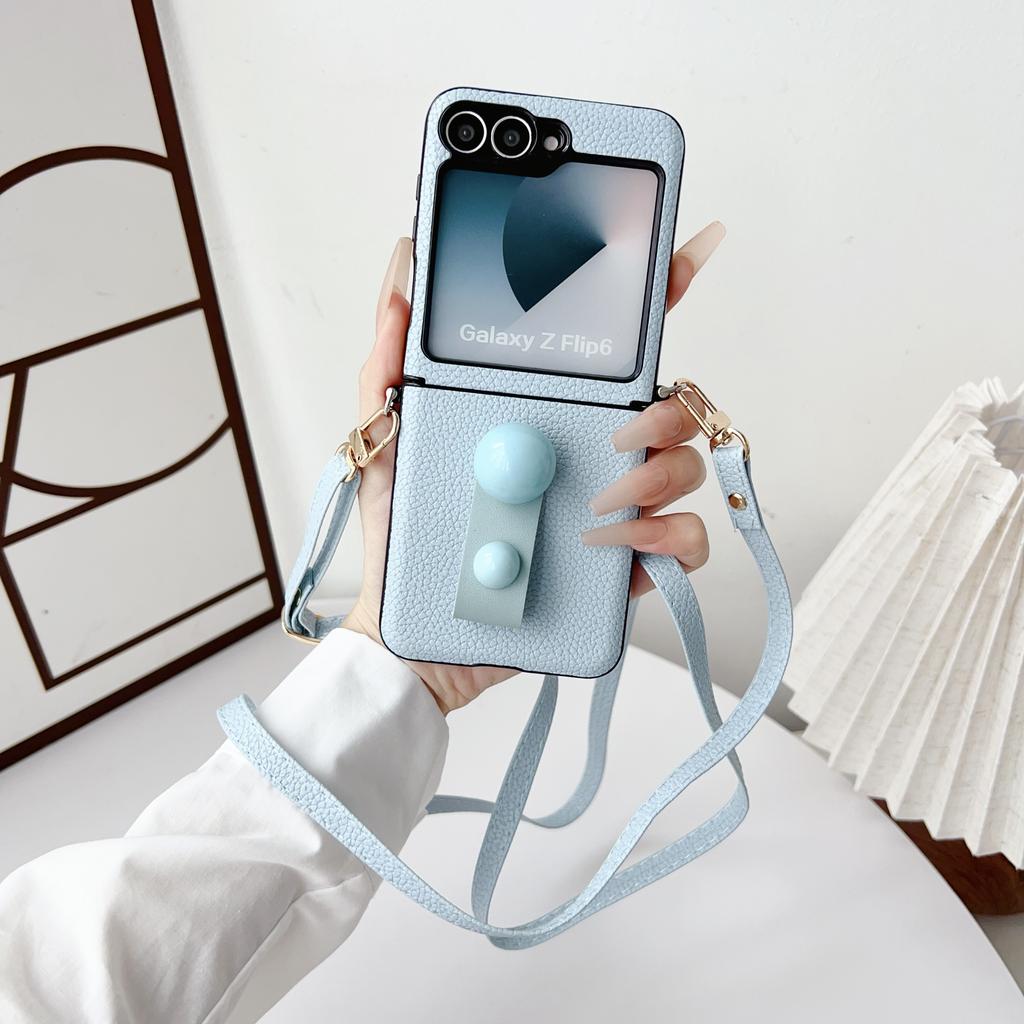 Leather Finger Ring Stand 3pcs Folding Case For Samsung Galaxy Z Flip6 Flip5 Flip4 Flip3 Crossybody Lanyard Shockproof Matte Slim Phone Cover