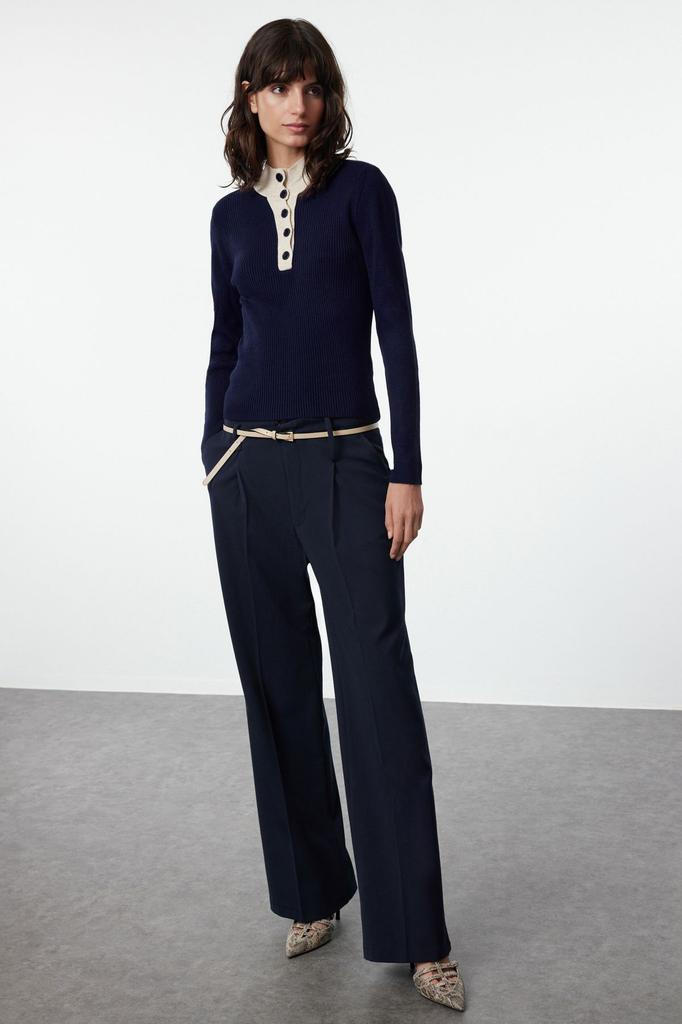 Women's Fashion Stylish Sweater Navy Blue High Collar Knitwear Sweater