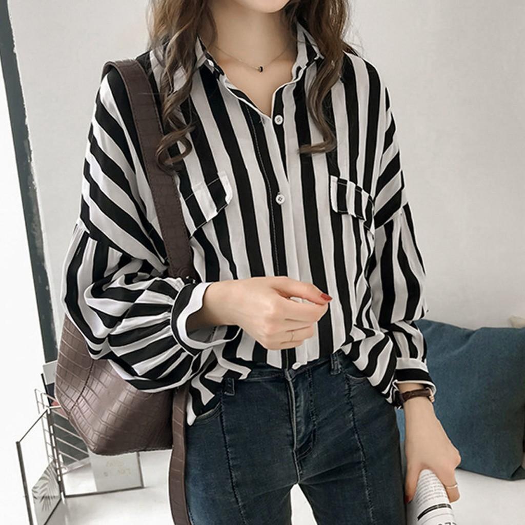 

Женская повседневная свободная рубашка с длинными рукавами и пуговицами в полоску, верхняя блузка L чёрный