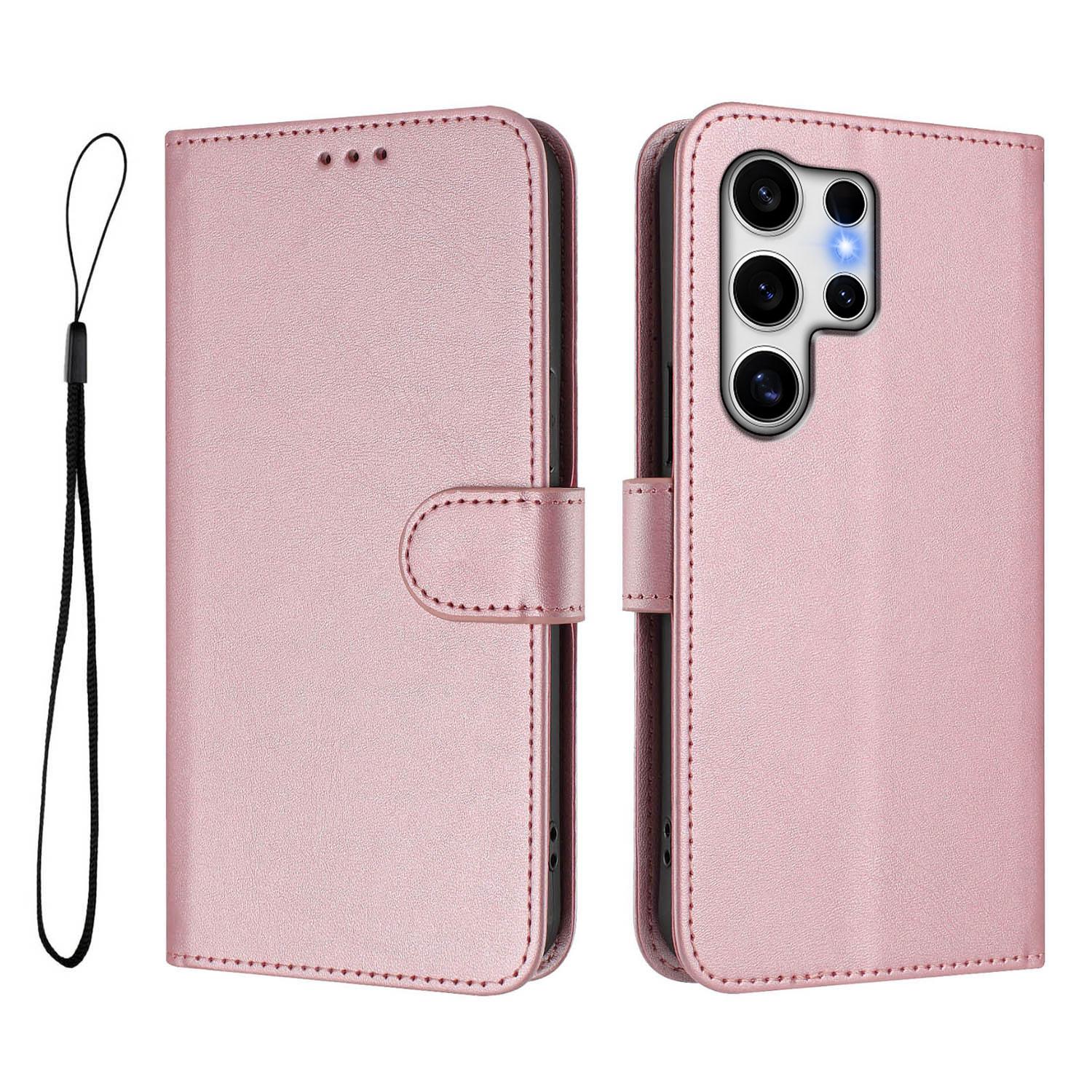 

Для Samsung Galaxy S25 Ultra Чехол-кошелек с RFID-блокировкой, из кожи с текстурой теленка, с подставкой, чехол для телефона с ремешком Pink