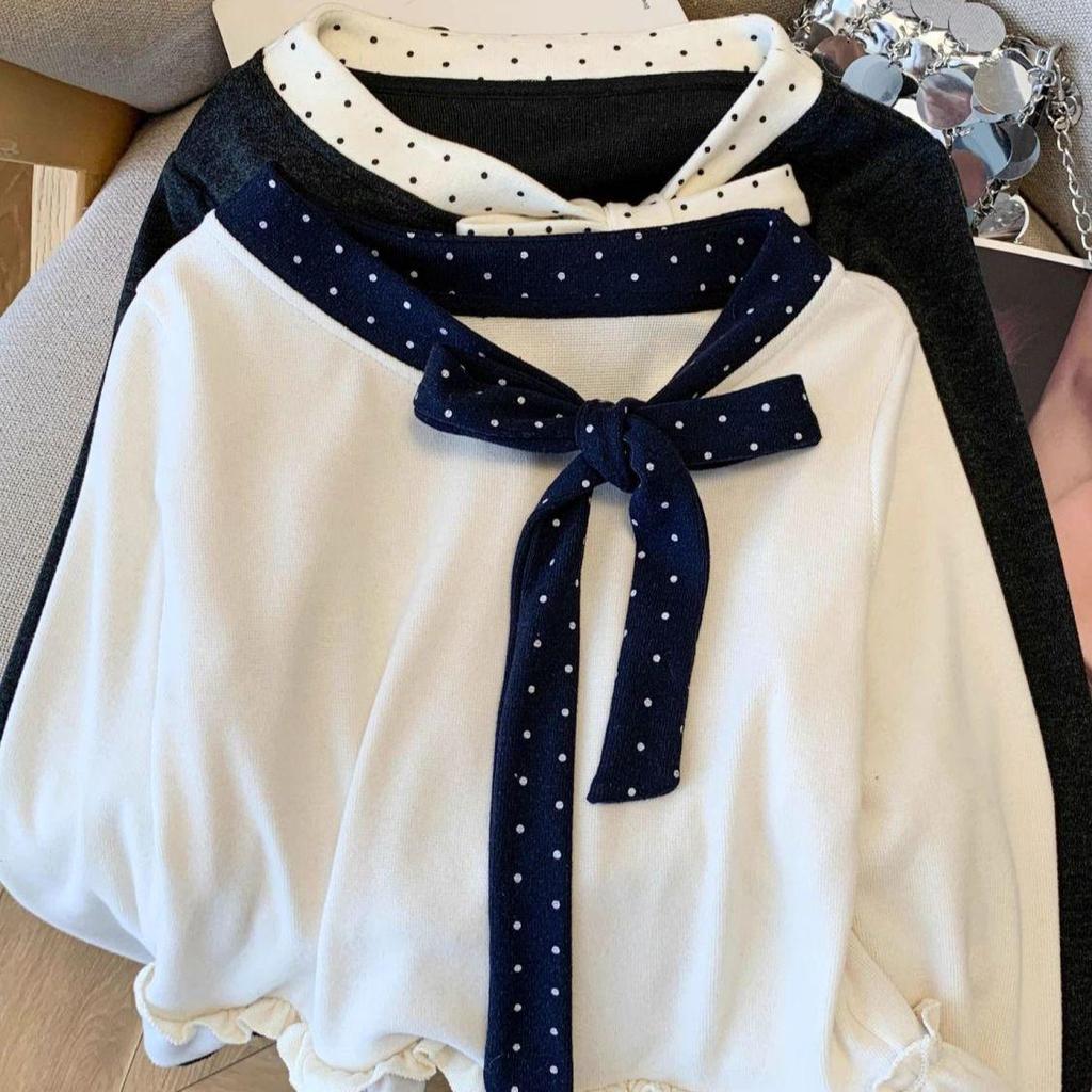Women's Polka Dot Bow Two-Piece Doll Top - Slim Fit, Long-Sleeved, Autumn/Winter