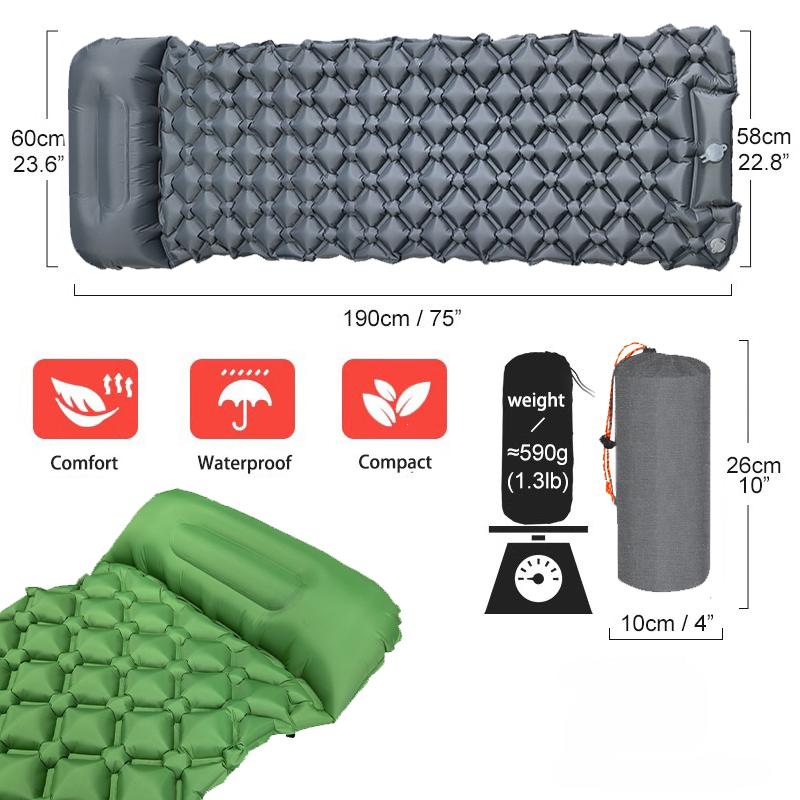 Self-Inflating Sleeping Mat Ultralight Air Mattress with Integrated Pillow Outdoor Camping Foldable Sleeping Mat for Camping Hik