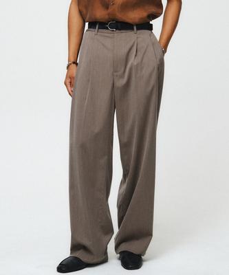NOIRER Striped Two-Tuck Wide Slacks (Khaki Beige)