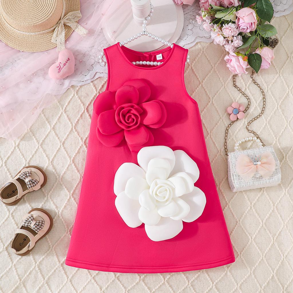 Girls' Light Luxury Dress Three-dimensional Red and White Flower Vest Dress Baby Sweet Banquet Outgoing Dress