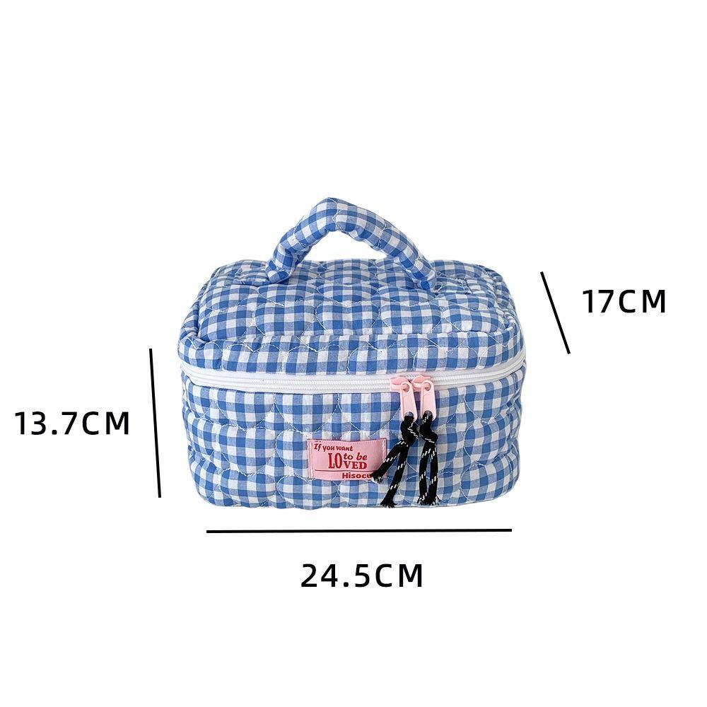 Portable Fresh Grid Makeup Bag Quilted Love Design Handheld Skincare Storage Bag Toiletries Bag Travel