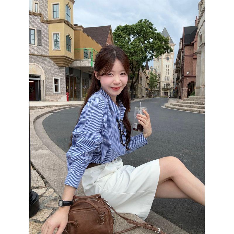 

Kumikumi Дизайнерский стиль Синяя куртка Внутренняя одежда Клетчатые рубашки Женщины Осень Похудение Юбка Короткое платье Набор из трех предметов Shirt L