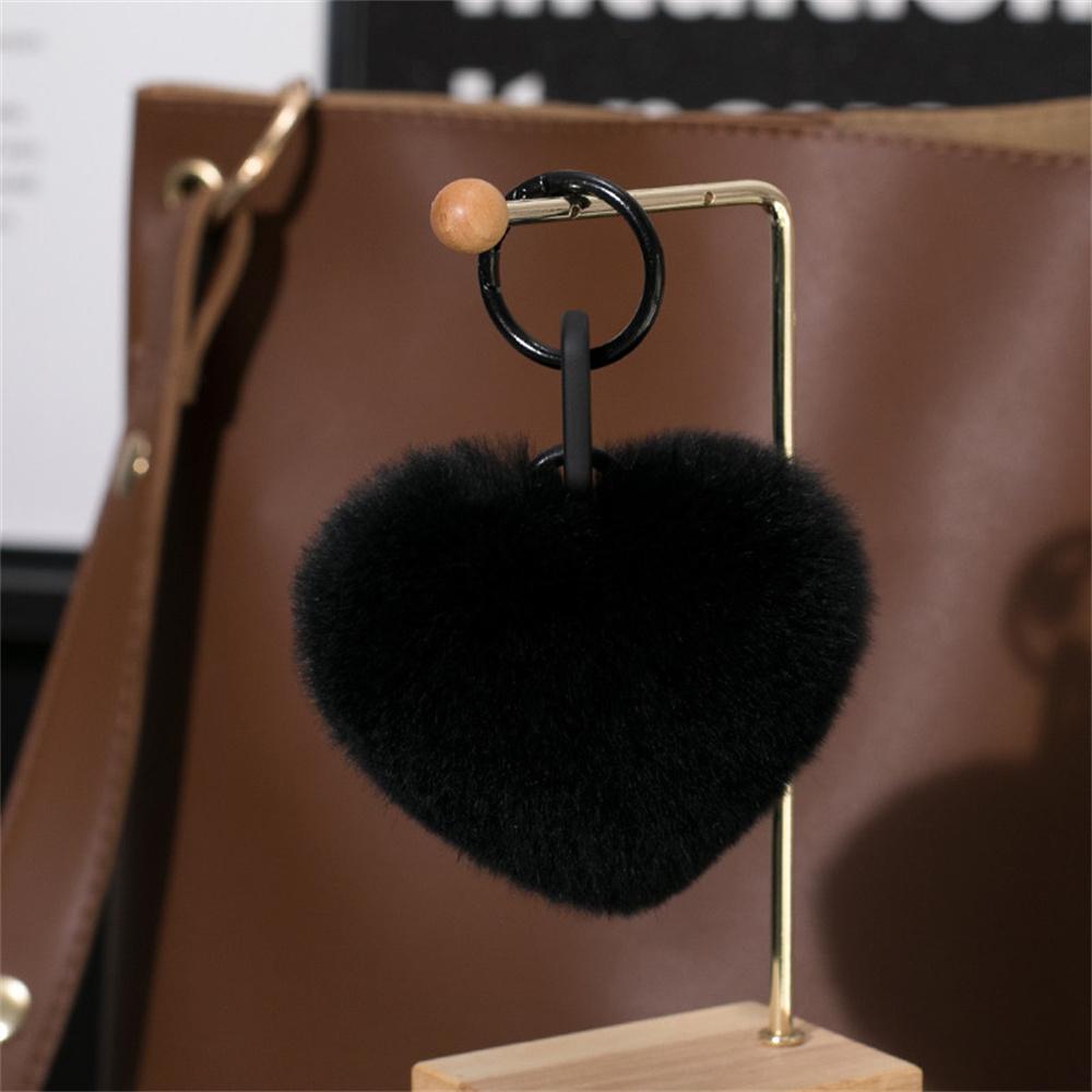 Echte Rex-Kaninchenfell-Herz-Schlüsselanhänger für Damen Taschenanhänger Plüsch Bunter Pfirsichherz-Anhänger Schlüsselanhänger Taschendekoration Geschenk 12 cm black