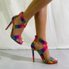 Fashion Rainbow Printed  Band Super High Heels Womens Modern Sandals Summer Sexy Pointed Peep Toe Luxury Back Zipper Club Party Shoes