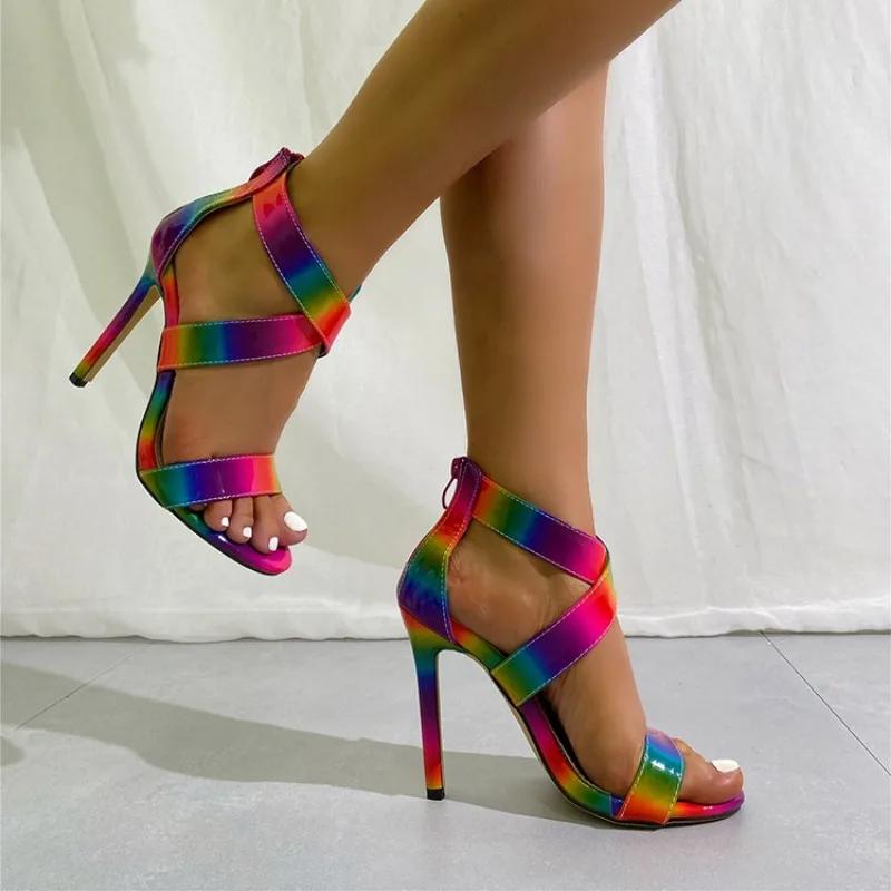 Fashion Rainbow Printed  Band Super High Heels Womens Modern Sandals Summer Sexy Pointed Peep Toe Luxury Back Zipper Club Party Shoes