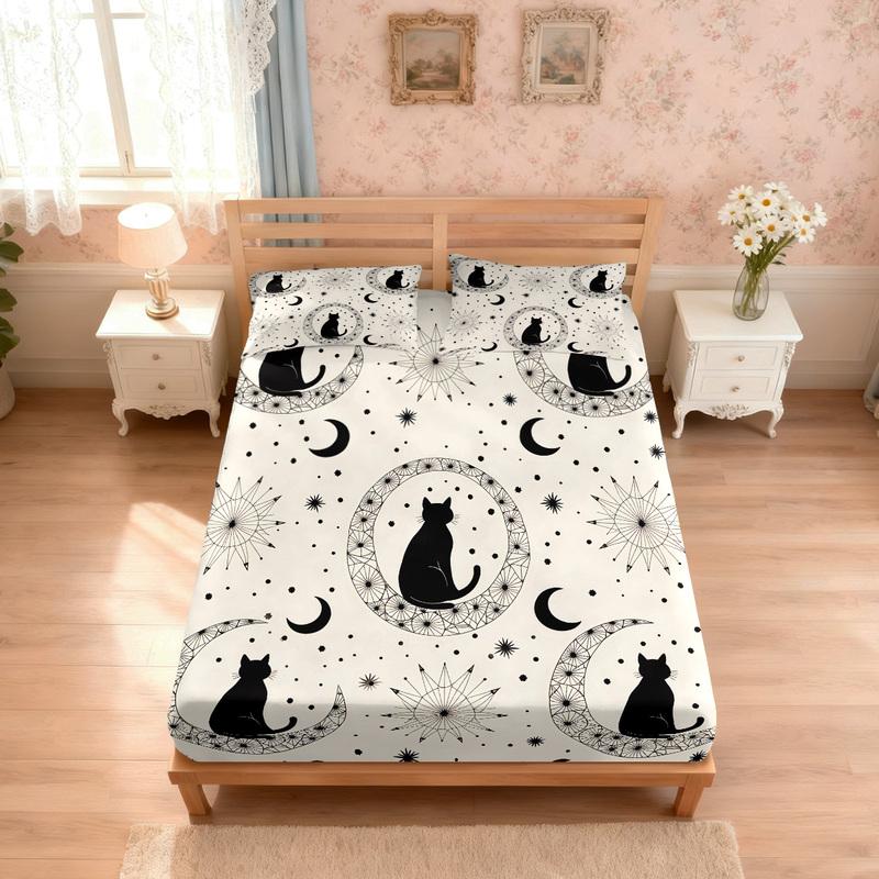 3pcs Cartoon Cute Cat Printed Chipless Bed Sheet Set Multi Size Soft Bed Cover Bedroom Bedding Decoration