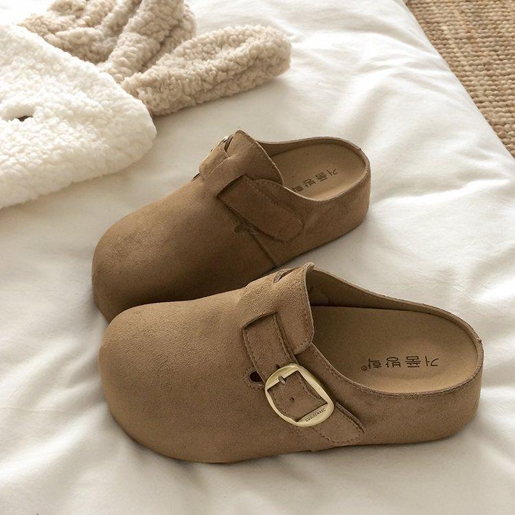 Retro leather Boken half slippers women's outerwear 2025 autumn new one-pedal soft-soled non-slip bag head Muller slippers