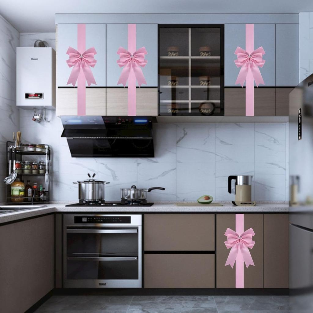 6 Pcs Pink Cabinet Bows Large Pink Velvet Ribbons Easter Cabinet Door Spring Bows for Easter Birthday Wedding Spring Christmas Party (Pink)