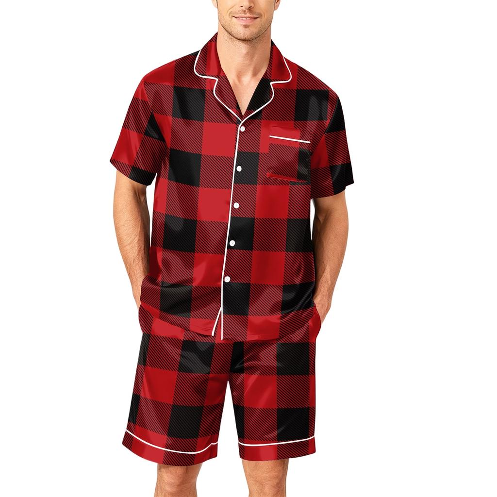 Men's Short Sleeve Button Down Pajama Set with Shorts Soft Casual Sleepwear Lounge Set Available in Sizes S to XXXXL