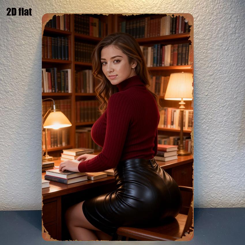 A Stylish Female Classic Character Design on a pc Metal Sign Featuring a Library Bookshelf Background with Vibrant Colors Sui 20x30cm(7.8x11.8inch)