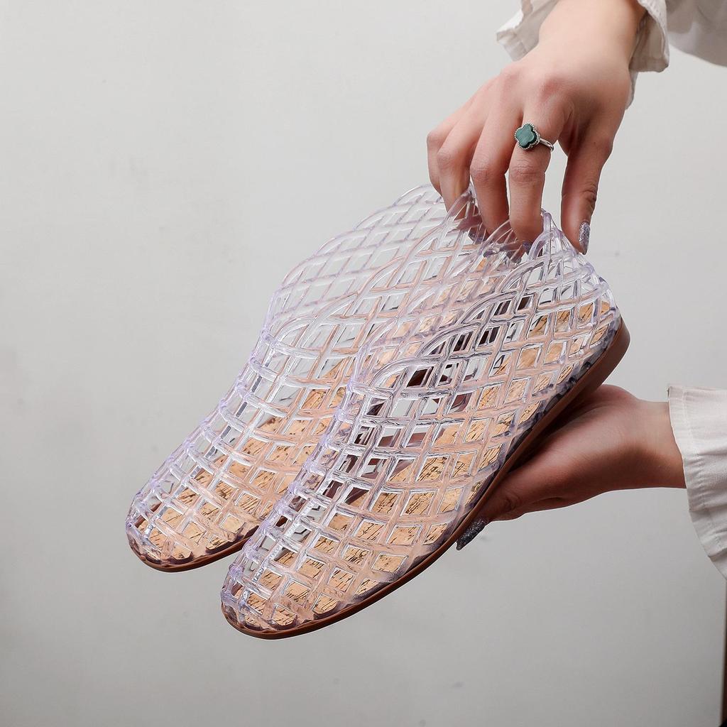 Women's 2025 Mesh Crystal Jelly Sandals: Hollow Out, Flat, Comfortable Slip-On, Korean Style.