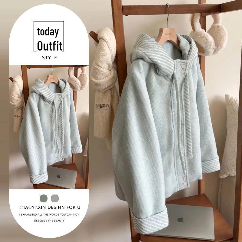 

Женская синяя шерстяная куртка с капюшоном в корейском стиле: Осень 2026 Дизайн со шнурком и пэчворком XL [Recommended 57.5-62.5 kg]