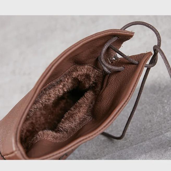 Johnature Handmade Sewing Genuine Leather Women's Boots Retro Warm Plush Flat Mid-calf Boots